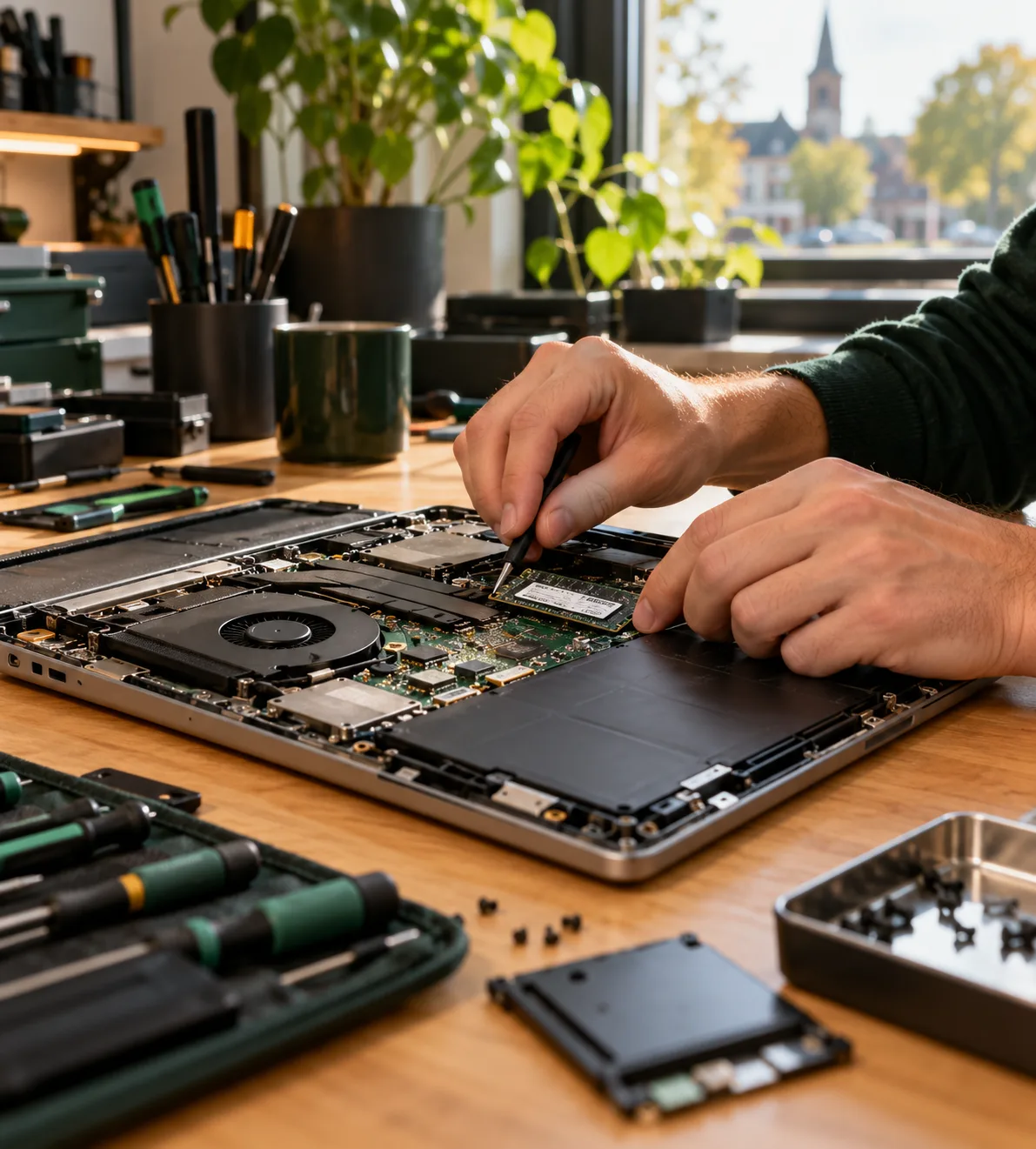 Computerreparatie aan een geopende laptop in de werkplaats van ViVa Computers Service