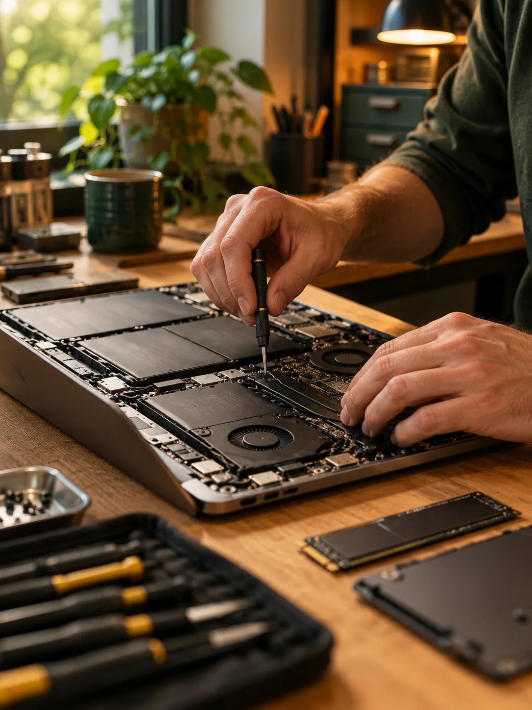 Zorgvuldige reparatie van een laptop aan de werkbank