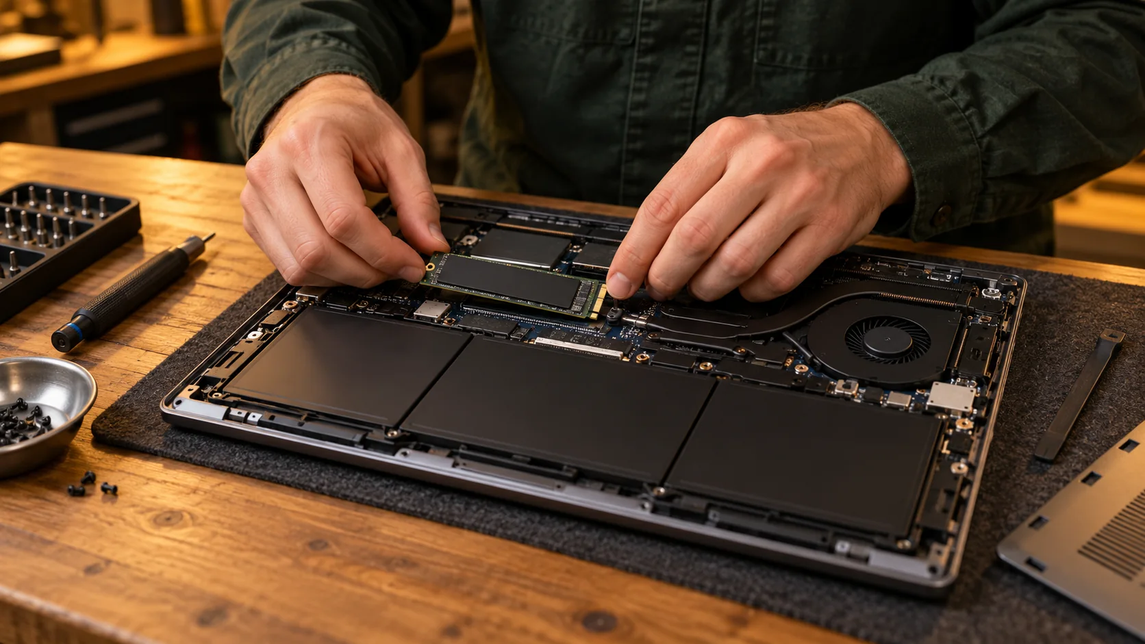 SSD plaatsen in een geopende laptop bij laptopreparatie