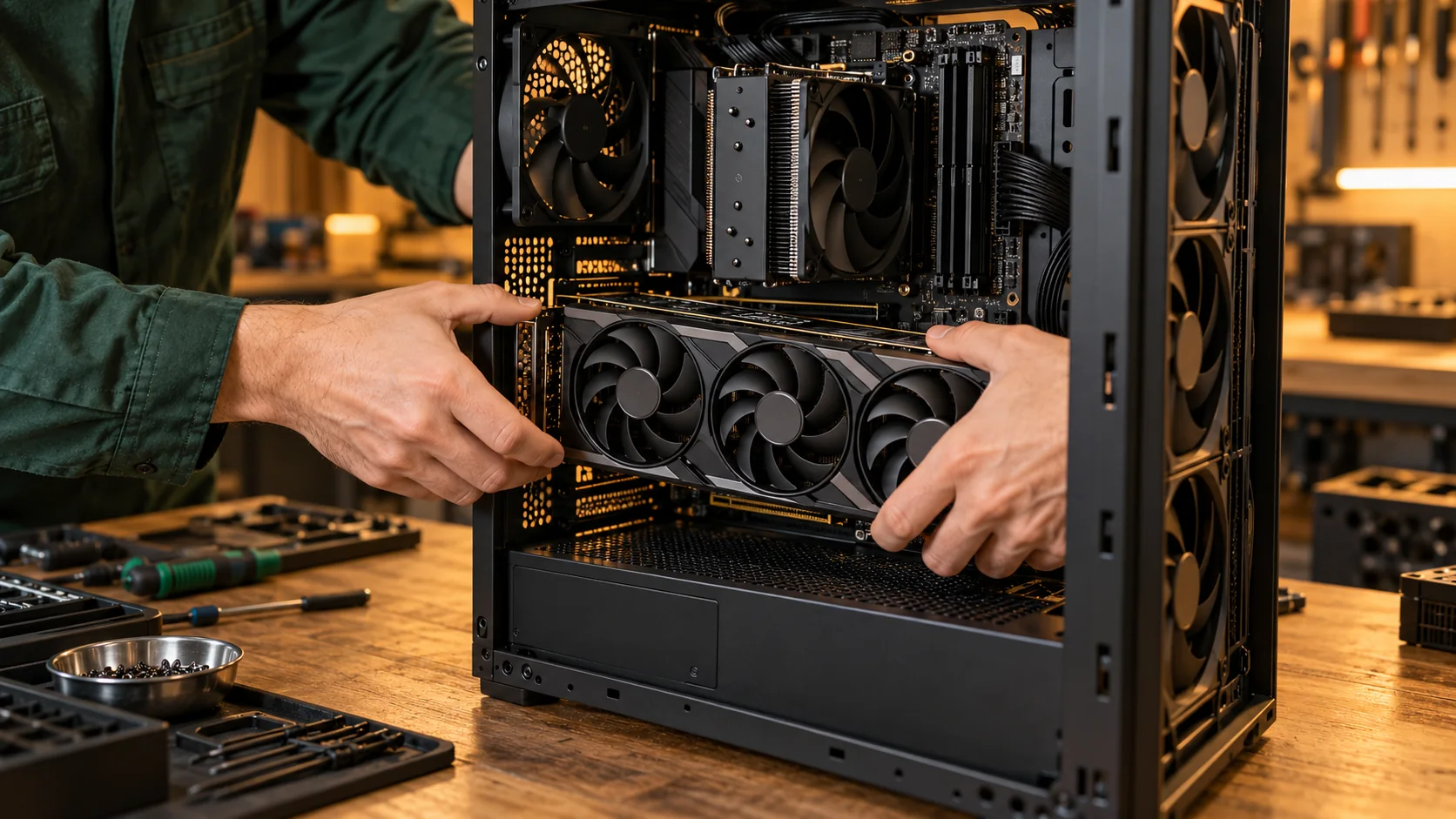 Grafische kaart plaatsen tijdens de assemblage van een desktopcomputer